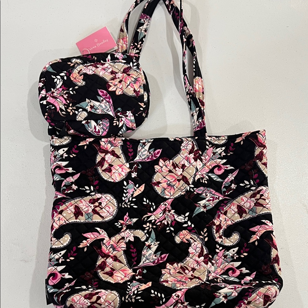 NWT Vera Bradley Black and Pink Floral Tote and Jewelry Travel Bag